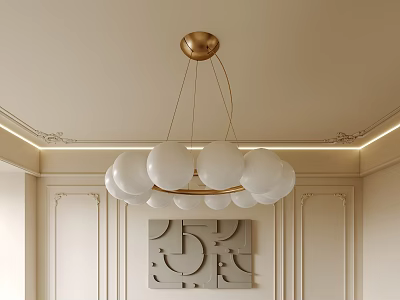 Modern Chandelier With White Spherical Bulbs Circular Design Golden Base Light Colored Walls Decorative Moldings 3d model