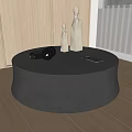 Modern Round Black Coffee Table with White Figurines Black Camera Tablet on Light Wood Floor 3d model