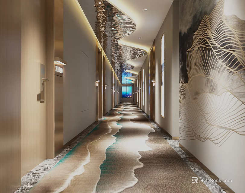 Hotel Corridor With Warm Lighting Golden Doors Wave Patterned Carpet And Wall Art Decor 3d model 
