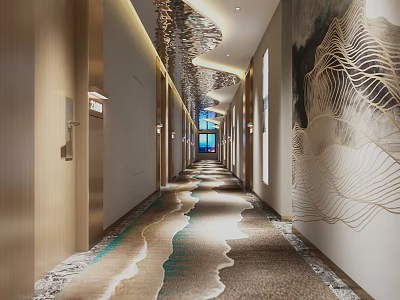 Hotel Corridor With Warm Lighting Golden Doors Wave Patterned Carpet And Wall Art Decor 3d model