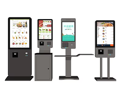 Public Facility Self Service Kiosks With Digital Screens Displaying Food Menus And Various Stand Designs 3d model