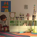White Storage Cabinet In Kids Room With Cartoon Decor Small Items And Toys