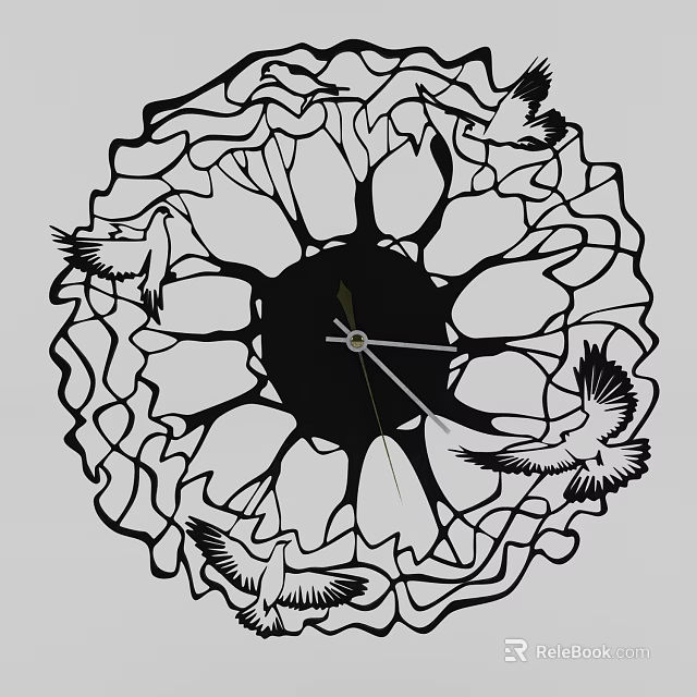 Black Flower Shaped Clock with Openwork Design and Dove Patterns 3d model 