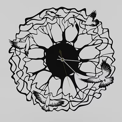 Black Flower Shaped Clock with Openwork Design and Dove Patterns 3d model