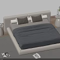 Double Bed With White Headboard Gray Bedspread Pillows White Nightstands Plant Wooden Floor And Rug