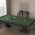 Green Surface Entertainment Table With Billiard Balls Cues Side Rack Near Window And Wooden Floor