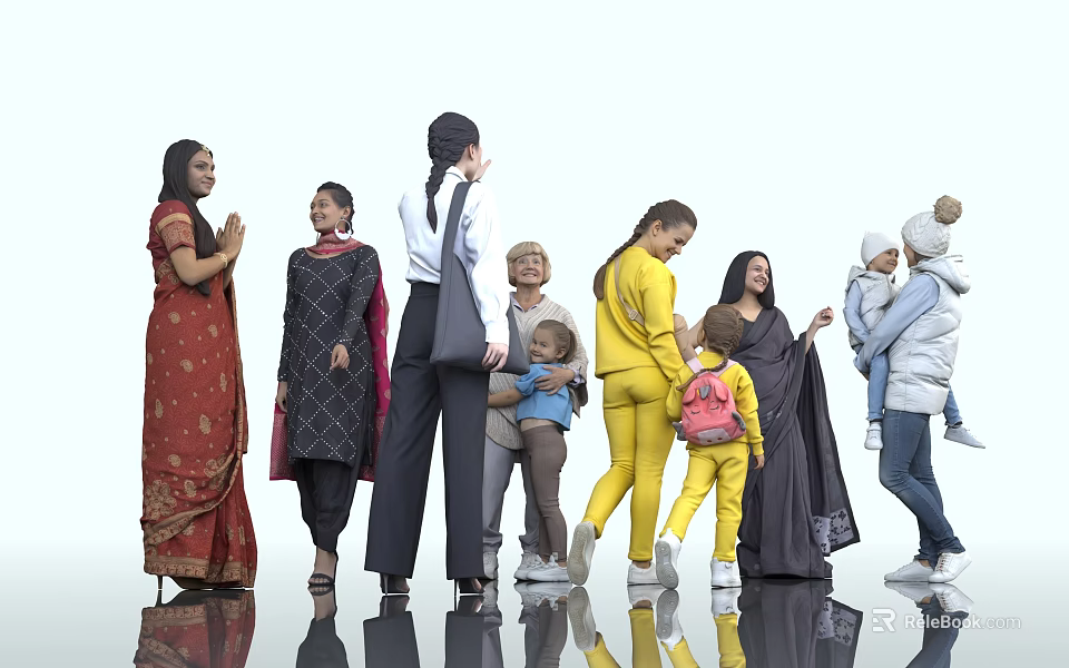 Diverse Women of Various Ages in Different Outfits Standing and Holding Children Together 3d model 