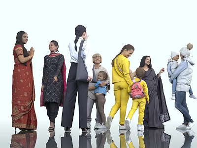 Diverse Women of Various Ages in Different Outfits Standing and Holding Children Together 3d model