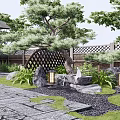 Traditional Courtyard Garden With Japanese Wooden House Stone Lanterns And Maple Tree