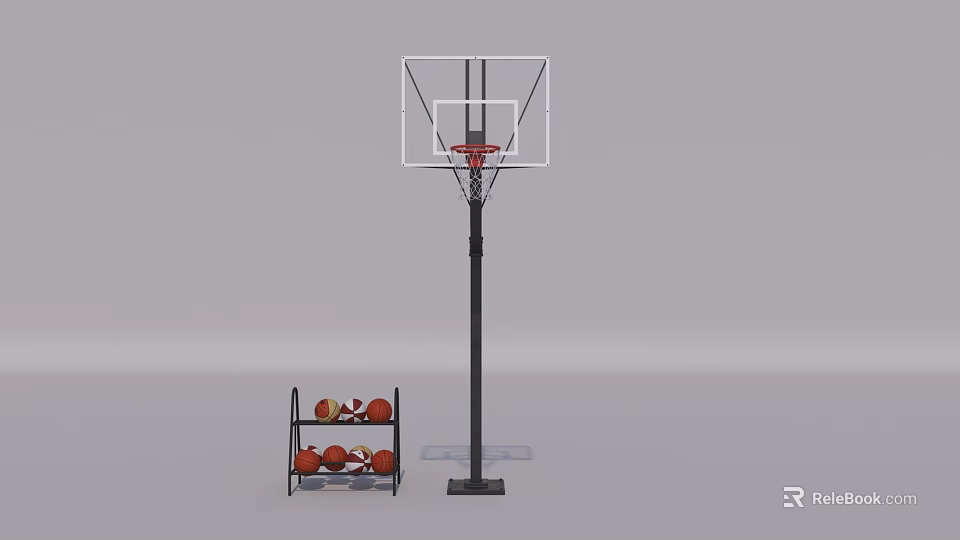 Basketball Hoop Setup Featuring Adjustable Pole And Ball Rack With Basketballs 3d model 