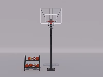 Basketball Hoop Setup Featuring Adjustable Pole And Ball Rack With Basketballs 3d model