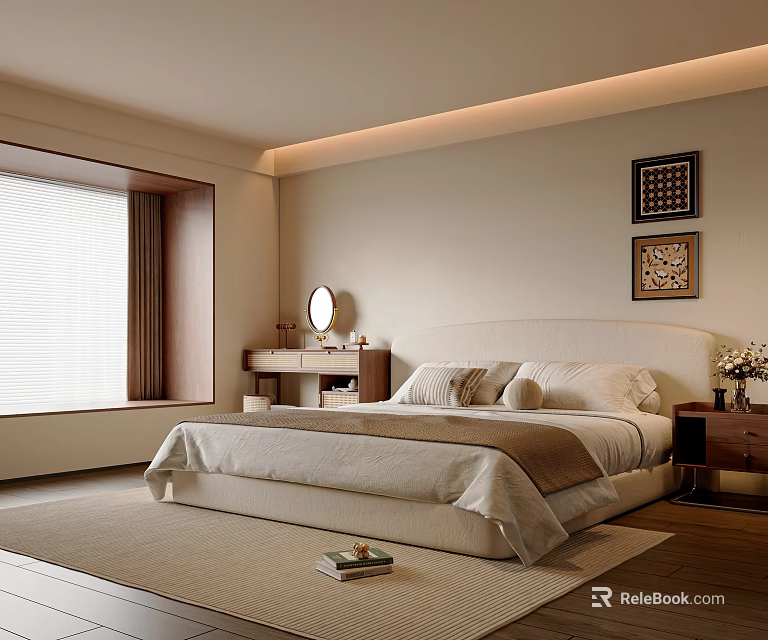 Modern Neutral Bedroom With Decorative Wall Art Dressing Table And Linen Bedding 3d model 
