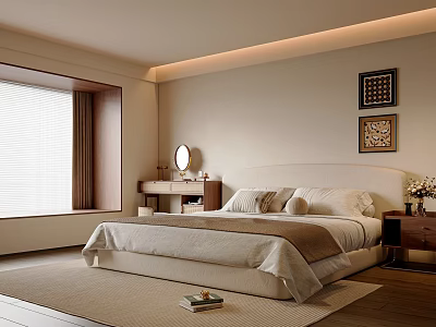 Modern Neutral Bedroom With Decorative Wall Art Dressing Table And Linen Bedding 3d model