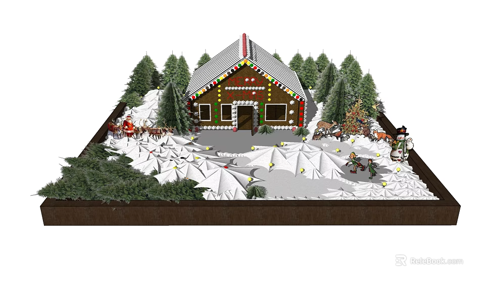 Floral Art Installation for Christmas Gingerbread House with Snow Covered Trees and Decorative Elements 3d model 