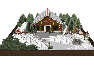 Floral Art Installation for Christmas Gingerbread House with Snow Covered Trees and Decorative Elements 3d model
