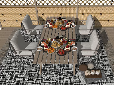Outdoor Chair Set For Patio Dining With Wooden Table And Food Plates 3d model