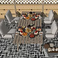 Outdoor Chair Set For Patio Dining With Wooden Table And Food Plates
