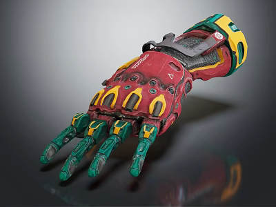 Mechanical Prosthetic Hand With Red Green Yellow Colors Metallic Texture And Detailed Fingers 3d model