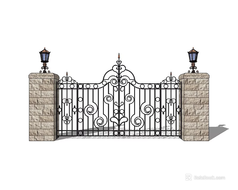 Ornate Wrought Iron Gate Entrance With Flanking Stone Pillars And Top Lanterns Design 3d model 