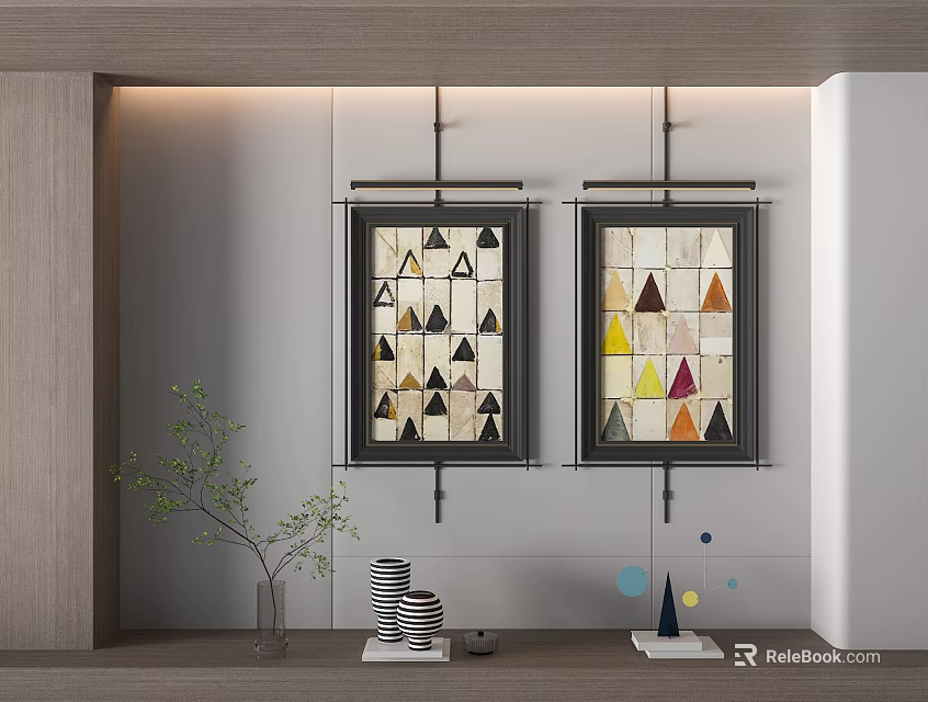 Colorful Abstract Paintings With Geometric Triangles Hanging On Modern Interior Wall 3d model 