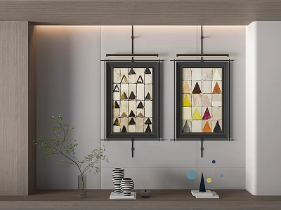 Colorful Abstract Paintings With Geometric Triangles Hanging On Modern Interior Wall 3d model