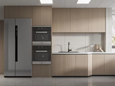Modern Kitchen Interior With Wooden Cabinets Stainless Steel Refrigerator Built-in Oven And White Countertop 3d model