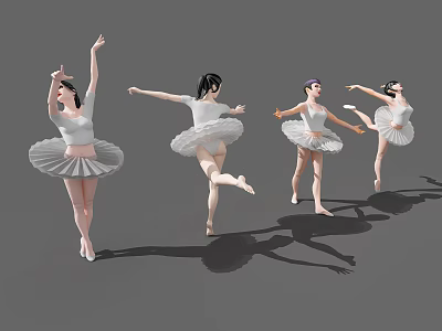 Group of ballet dancers performing elegant dance moves in white tutus with shadows 3d model