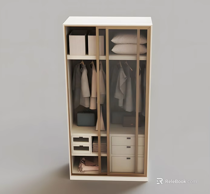 Modern Wooden Wardrobe With Glass Doors Hanging Clothes Drawers Storage Boxes And Pillows 3d model 