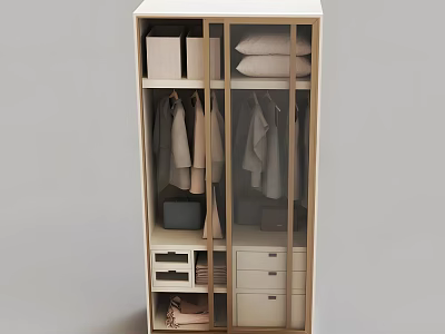 Modern Wooden Wardrobe With Glass Doors Hanging Clothes Drawers Storage Boxes And Pillows 3d model