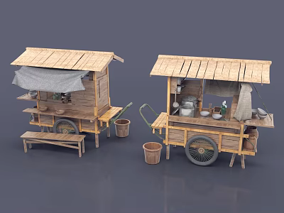 Wooden Mobile Functional Cart With Thatched Roof Shelves Wheels And Buckets For Street Vending 3d model