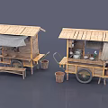 Wooden Mobile Functional Cart With Thatched Roof Shelves Wheels And Buckets For Street Vending