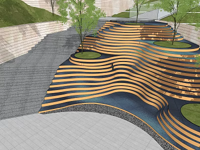 Square Landscape Design With Wavy Striped Steps Green Trees And Stone Pavement 3d model