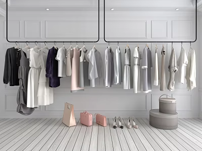Stylish Hanging Clothes In Various Colors With Bags Shoes And Storage Stool 3d model