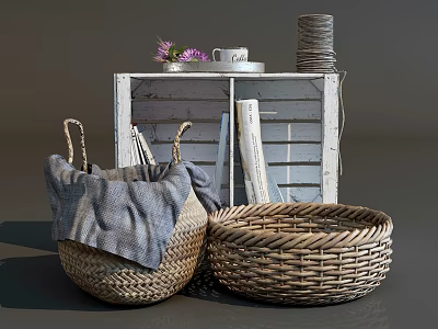Woven Storage Baskets with Cloth and White Shelf Featuring Cup Flowers and Rolled Rope 3d model