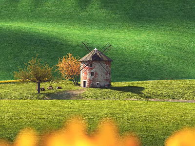 Green Rolling Hills Landscape With Old Windmill Orange Green Trees Sheep Grazing And Yellow Flowers 3d model