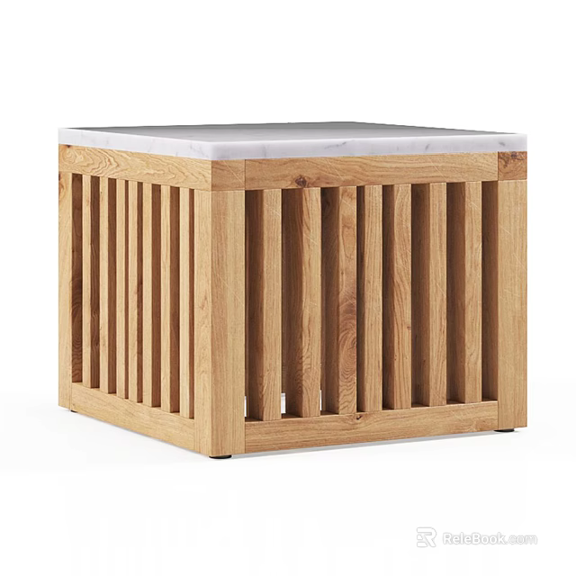 Modern Wooden Coffee Table With Slatted Panel Design And White Marble Top 3d model 