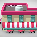 Cartoon Cafe Scene With Pink Roof Yellow Walls Striped Awnings Green Windows And Outdoor Tables
