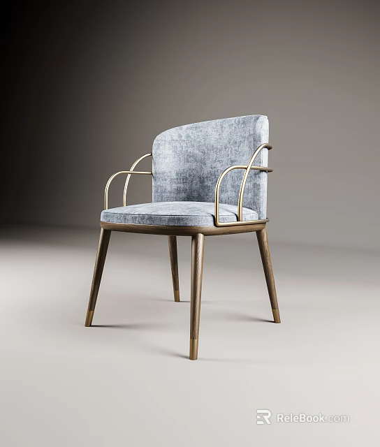 Elegant Blue Fabric Leisure Chair With Gold Metal Armrests And Wooden Legs 3d model 