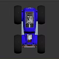 Blue Monster Truck With Large Tires And Chrome Wheels On Reflective Surface