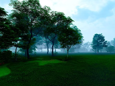 Serene Natural Landscape With Lush Trees Green Meadow Misty Horizon And Blue Sky 3d model