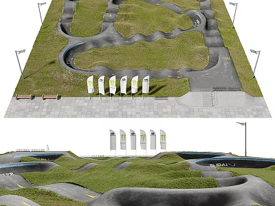 Road Facilities Design With Winding Roads Green Spaces Street Lights And Benches 3d model
