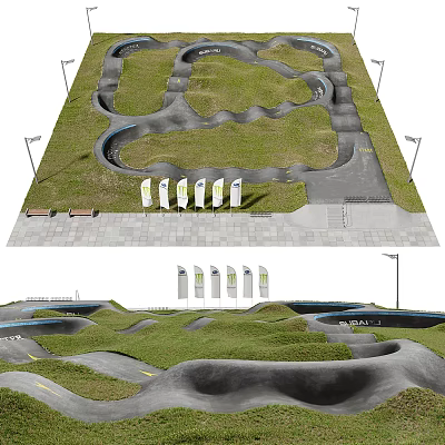 Road Facilities Design With Winding Roads Green Spaces Street Lights And Benches 3d model