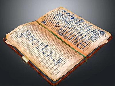 Open Leather Cover Notebook With Handwritten Notes And Sketches On Grid Paper 3d model