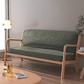 Green Multi Seat Sofa With Wooden Armrests And Textured Cover By Window With Floor Lamp And Side Table