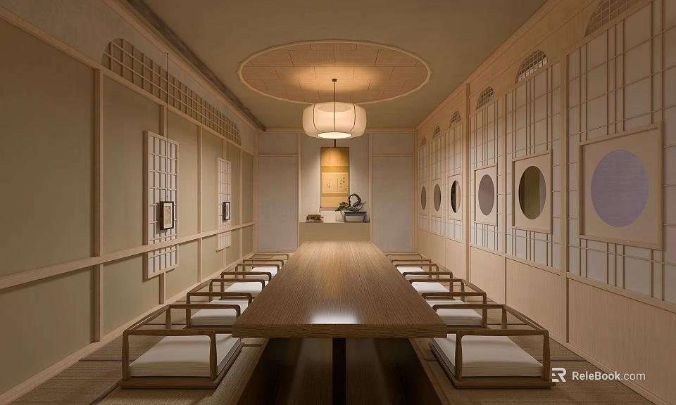 Japanese style Private Room Interior With Long Wooden Table Bench Seats And Circular Windows 3d model 
