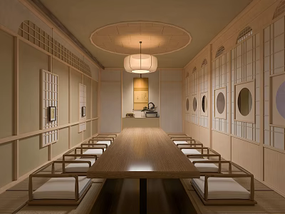 Japanese-style private room daily food shop tatami private room tea room daily food shop tatami private room dining table and chair combination floor mat chandelier partition screen combination 3d model