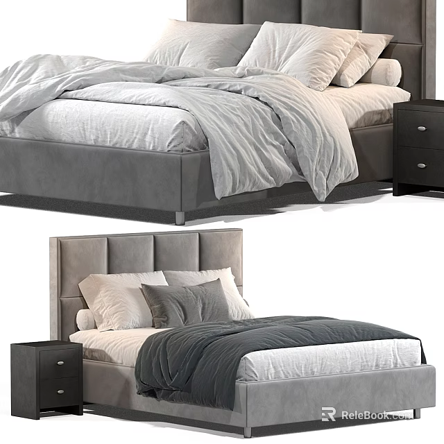 Modern Double Bed With Gray Headboard White Bedding Dark Blanket And Nightstand 3d model