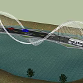 Modern White Arch Bridge with Vehicles Driving and Green Surrounding Landscape
