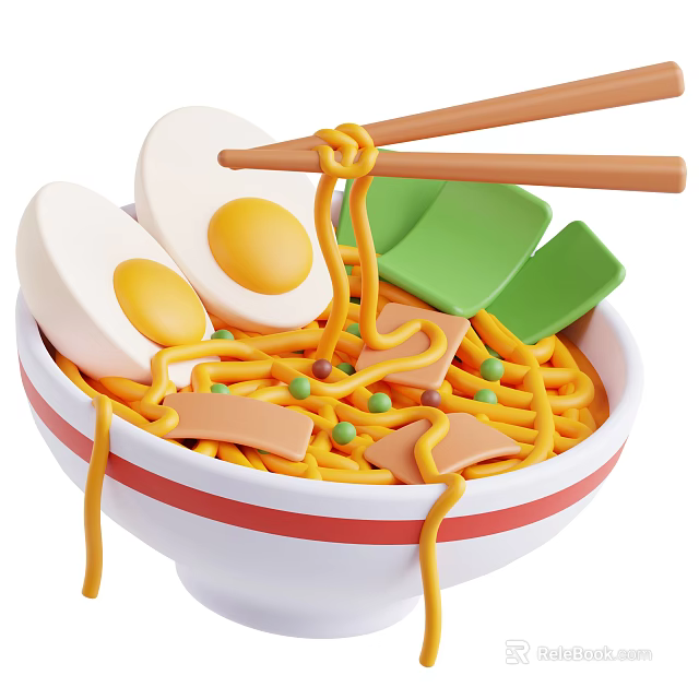 Delicious Ramen Bowl with Soft Boiled Eggs Ham Slices and Peas Served with Chopsticks 3d model 