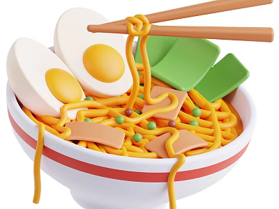Delicious Ramen Bowl with Soft Boiled Eggs Ham Slices and Peas Served with Chopsticks 3d model
